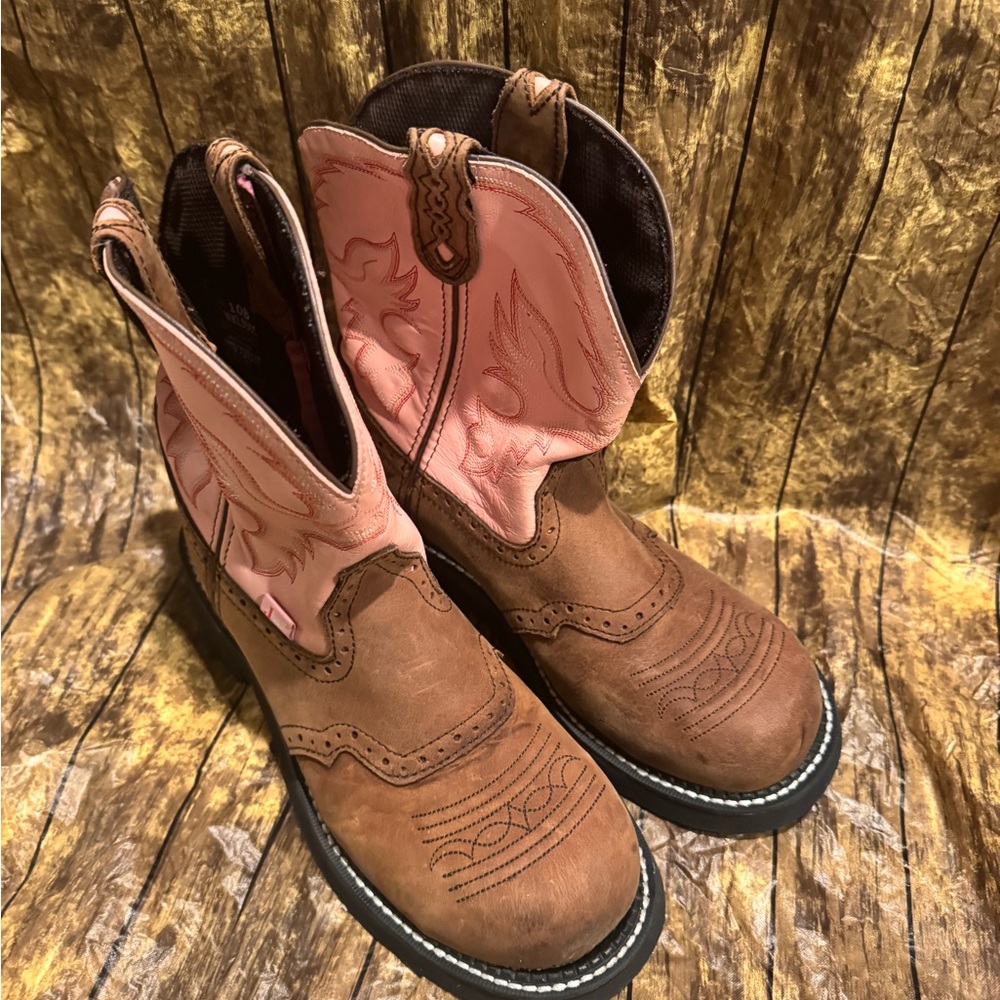 Justin Gypsy Brown and Pink Leather Western Boots Size 10B - Picture 1 of 9